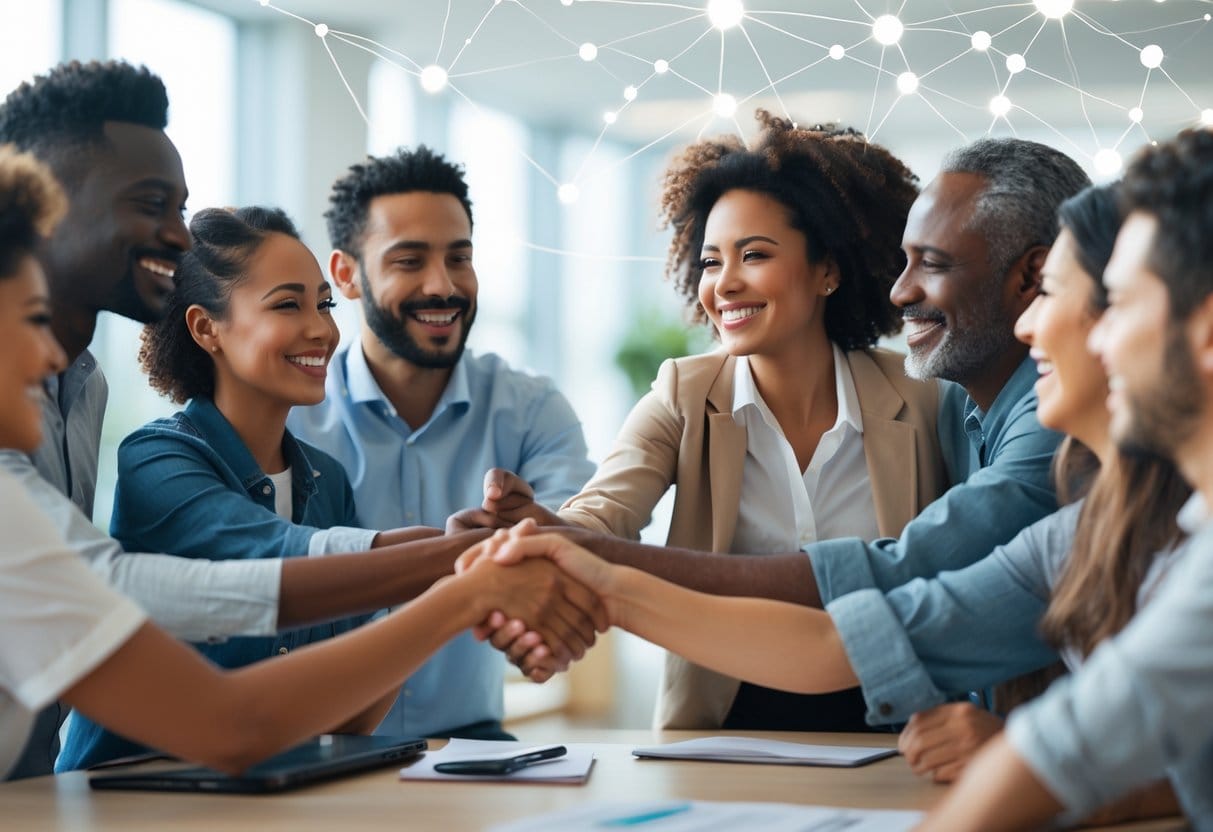 A group of diverse people smiling and interacting warmly in a bright room, showing connection and trust.