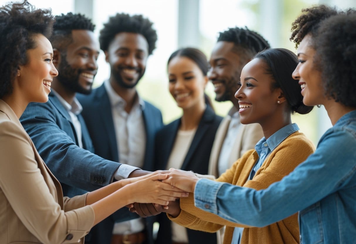 A diverse group of people warmly interacting with each other, showing smiles and gestures of connection in a bright, natural environment.