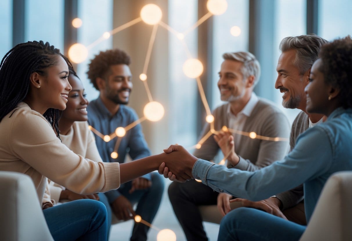 A diverse group of people interacting warmly and attentively in a comfortable indoor setting, showing meaningful human connection.