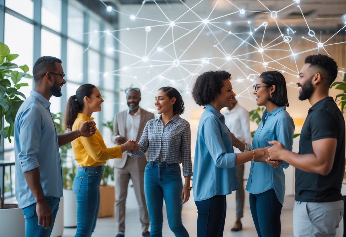 A diverse group of people interacting and connected by glowing lines forming a network in a bright modern office.