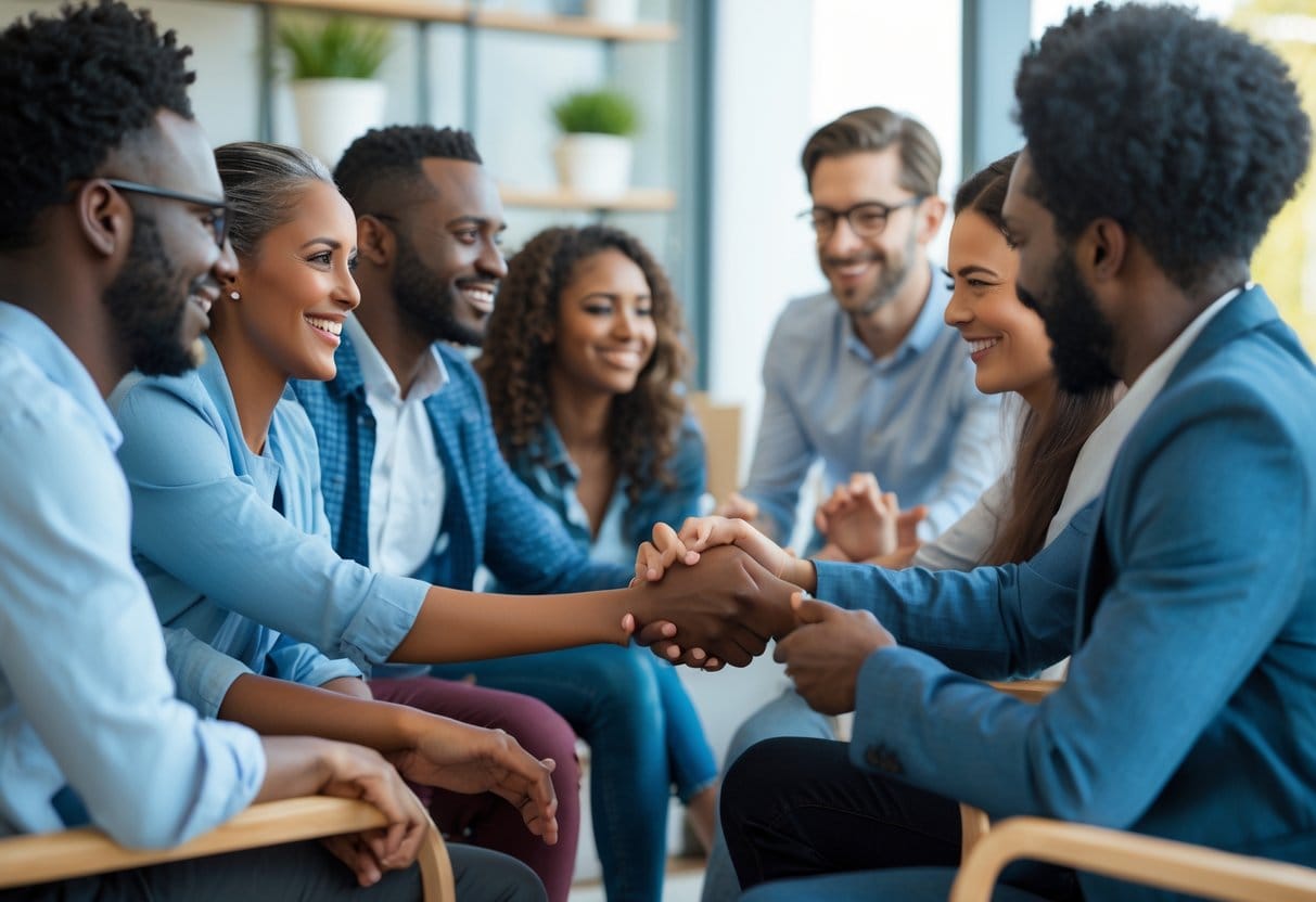 A diverse group of people engaging in friendly conversation and interaction in a modern meeting space.