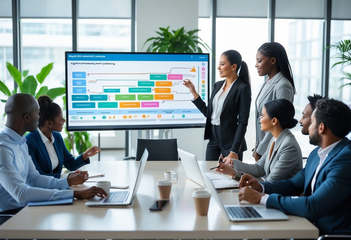 A group of business professionals collaborating around a conference table with a woman presenting a strategic roadmap on a large screen in a bright office.