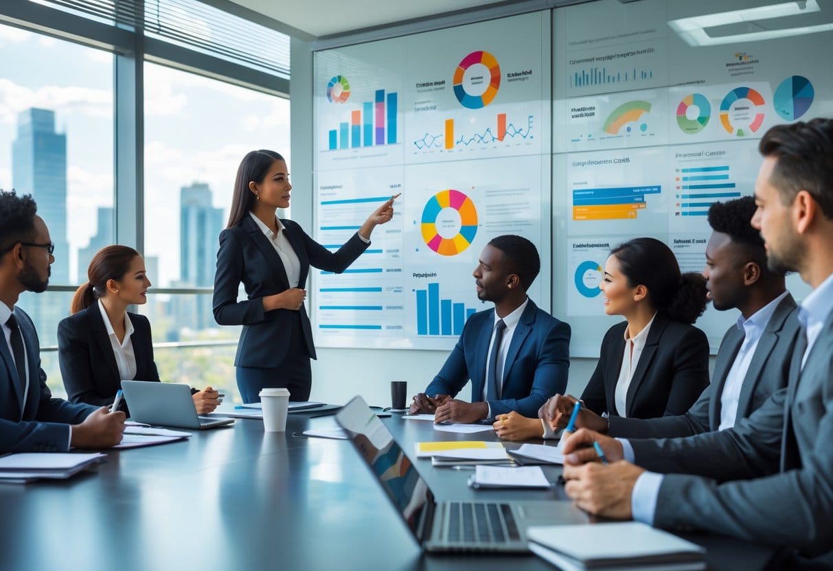 A group of business professionals in an office collaborating on a strategic plan using charts and notes.