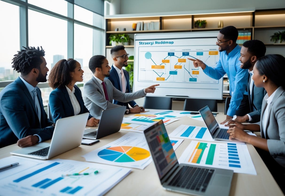 A group of professionals working together around a table with charts and a whiteboard, planning a strategic roadmap.