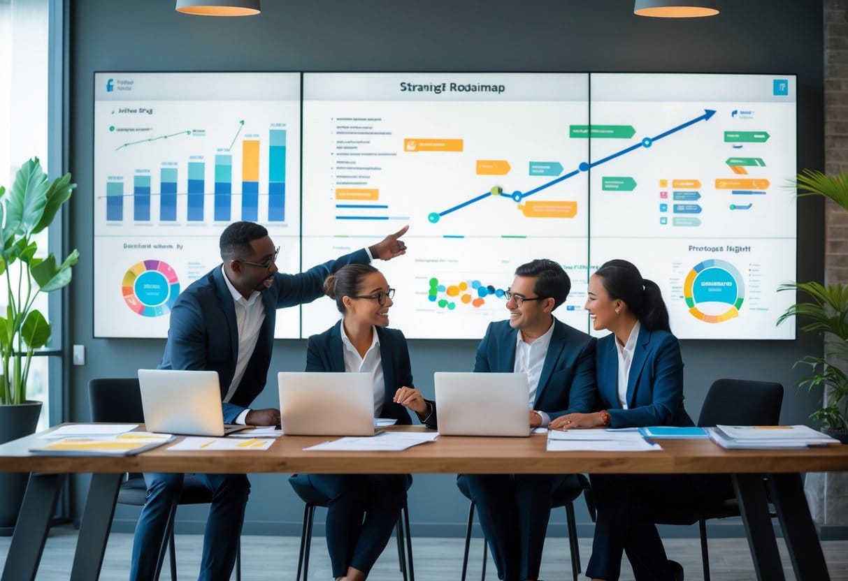 Three business professionals collaborating around a table with documents and a digital screen showing a strategic roadmap in a bright office.