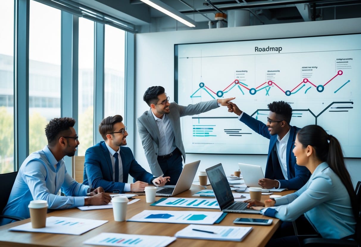 A group of professionals collaborating around a table with a digital screen showing a roadmap in a bright office.