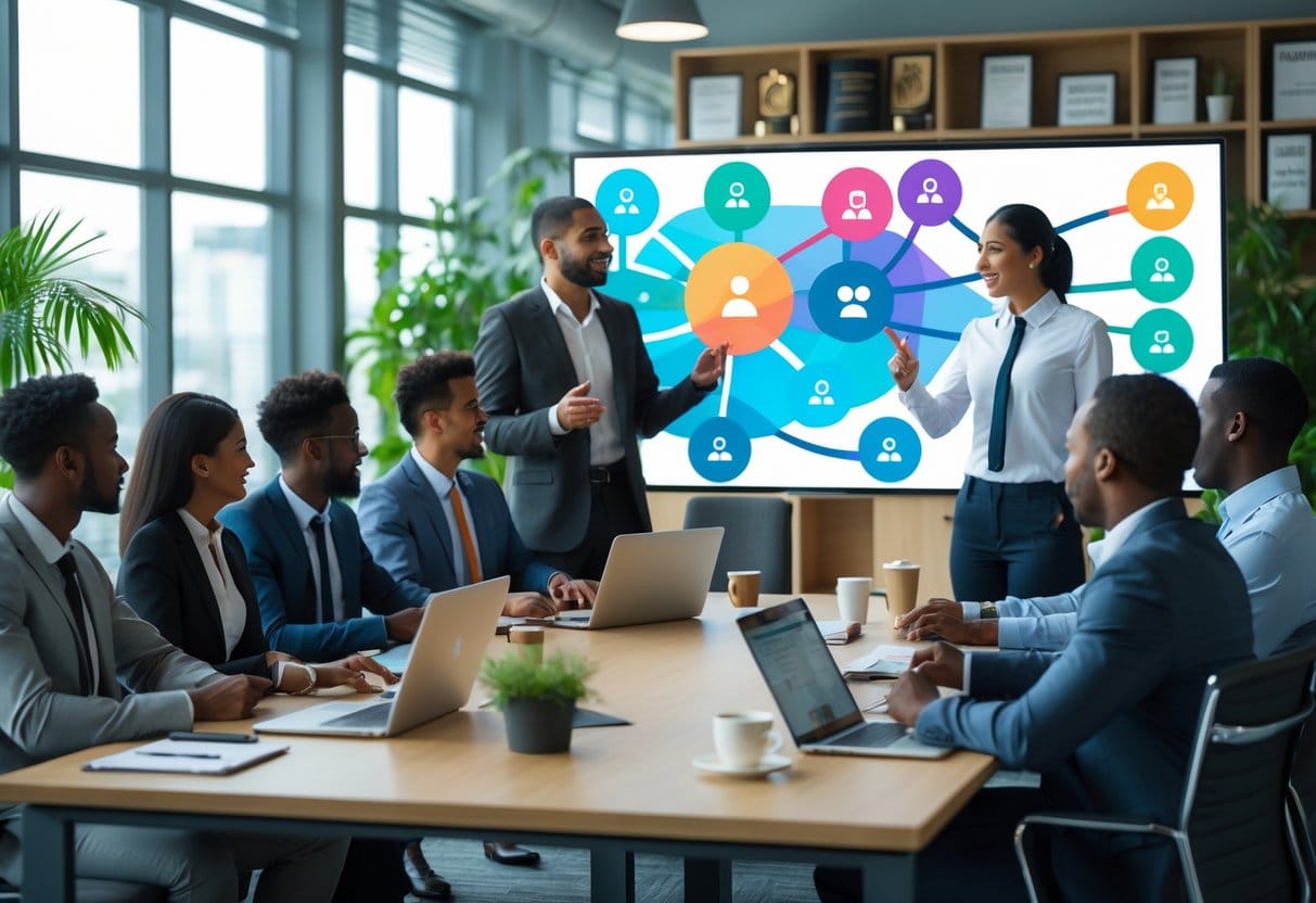 A diverse group of business professionals collaborating around a conference table with a digital screen showing a strategic roadmap in a modern office.