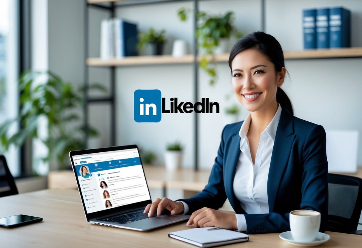 A businesswoman sitting at a desk using a laptop in a bright office, surrounded by books and plants.