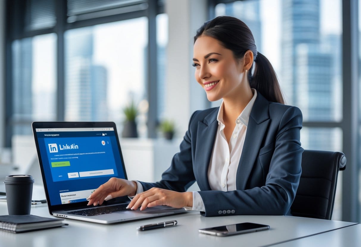 A businesswoman sitting at a desk working on a laptop in a bright office with a city view.