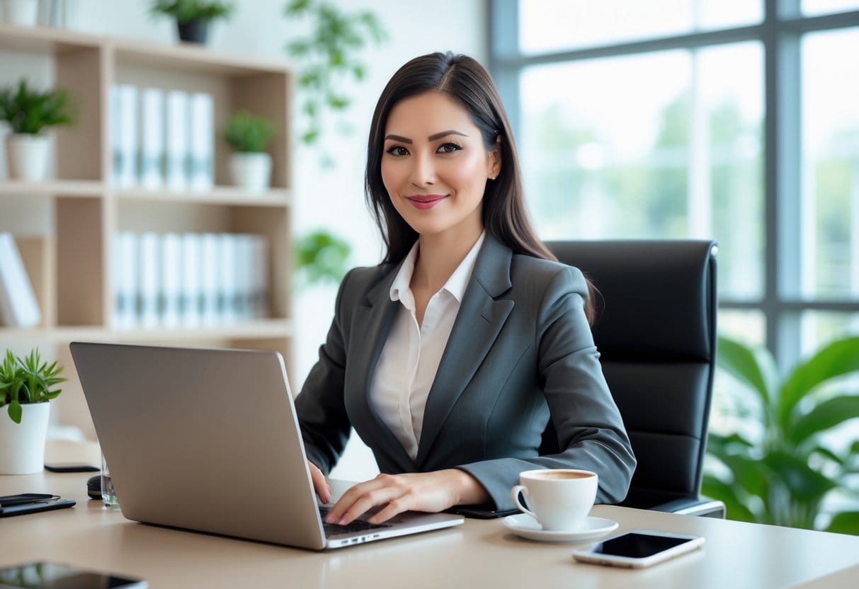 A businesswoman working on a laptop at a bright office desk with plants and books in the background.