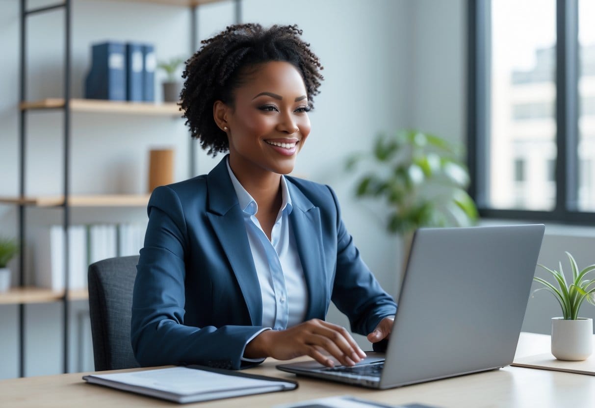 A confident businessperson in smart attire smiling while working on a laptop in a modern office with natural light and a bookshelf in the background.