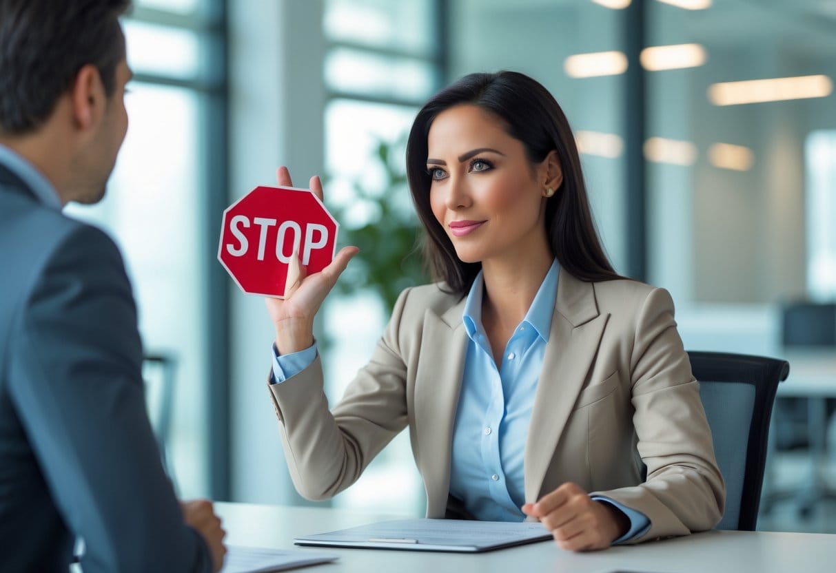 A confident businesswoman calmly holding up her hand to stop a colleague in a modern office setting.