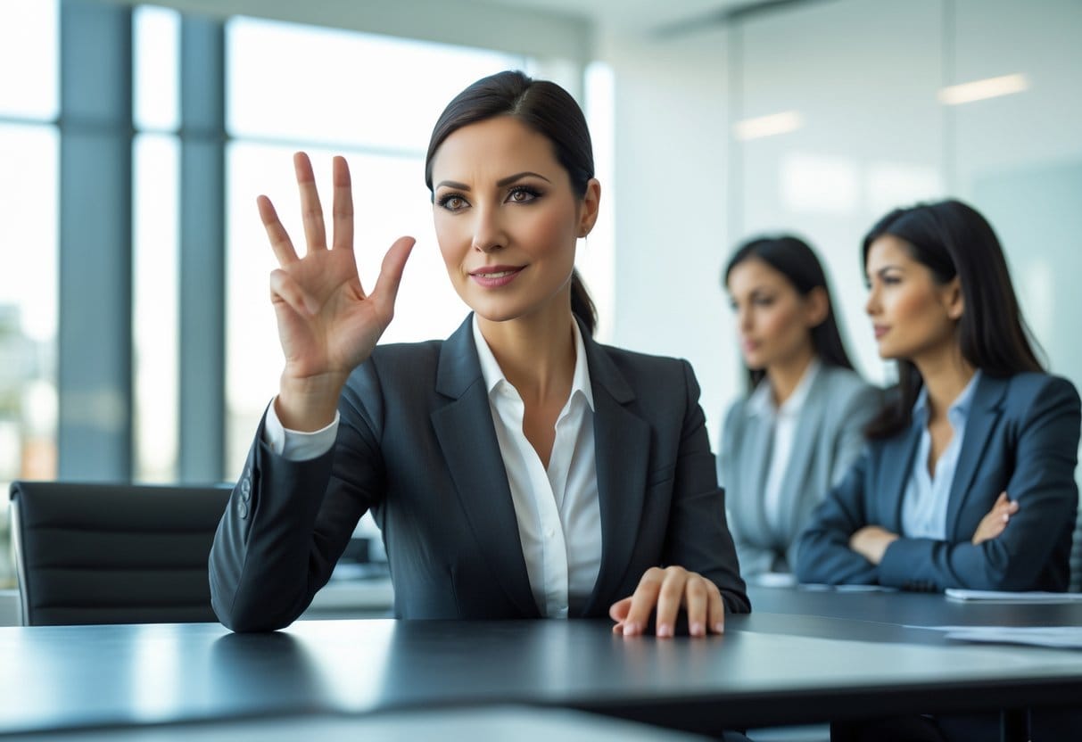 A confident businesswoman in a meeting gestures to say no while colleagues listen attentively in a modern office.