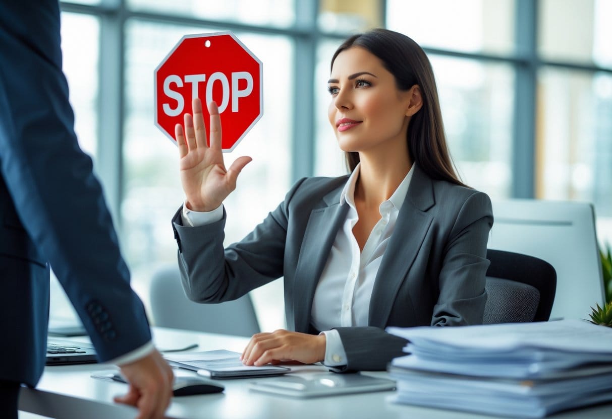 A confident businesswoman in an office gently holding up her hand to stop a colleague approaching with papers, illustrating setting boundaries.