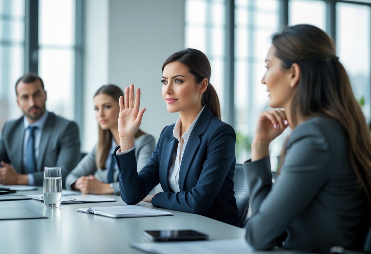 A businesswoman calmly raising her hand to say no during a meeting with attentive colleagues around a conference table.