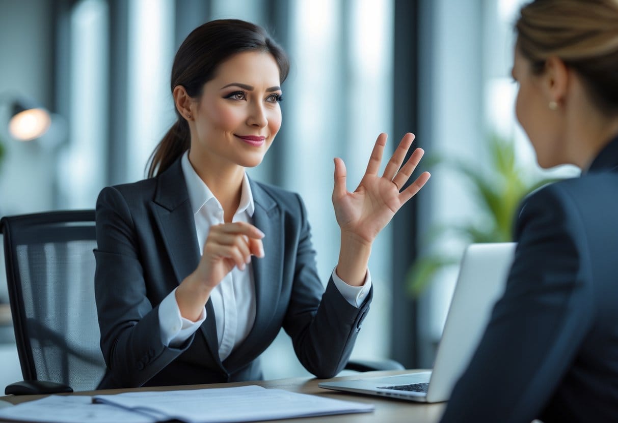 A businesswoman calmly and respectfully saying no to a colleague in an office setting.