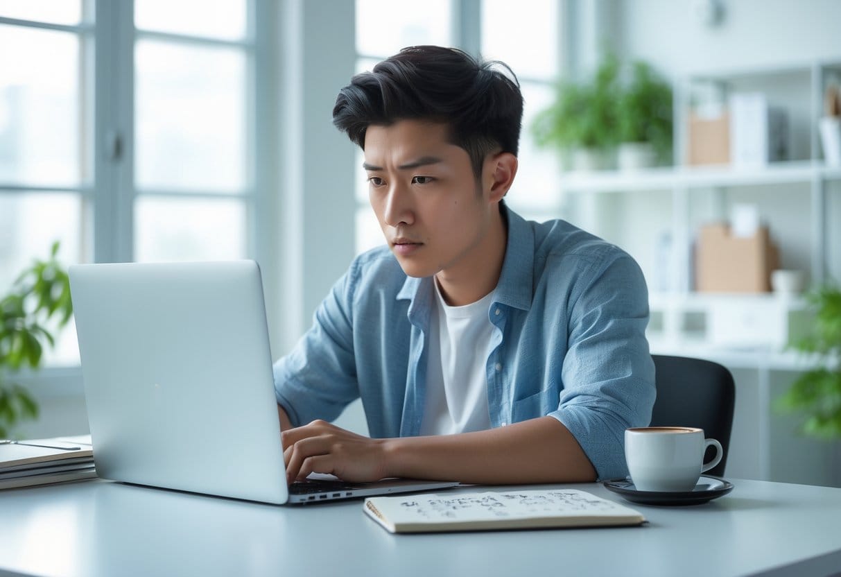 A young adult working intently at a clean desk with a laptop, notebook, and coffee in a bright office.