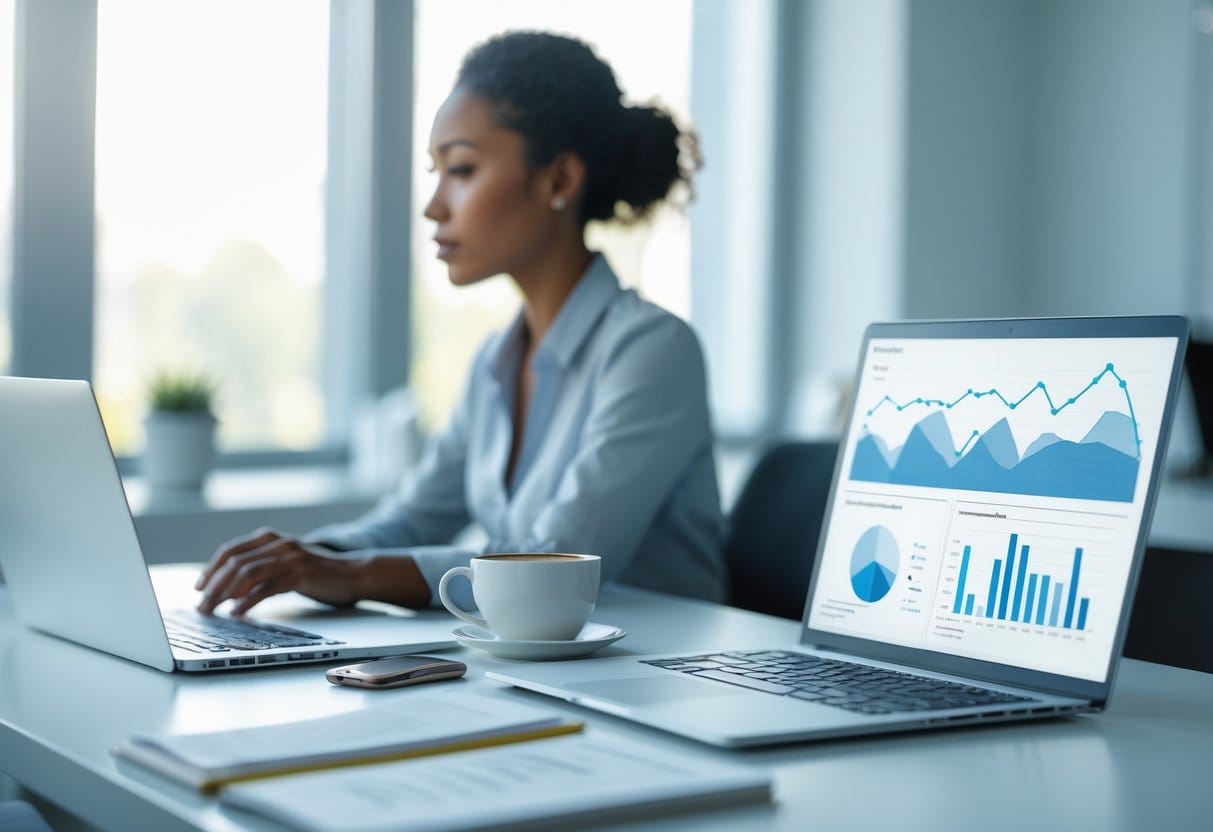 A person working focused at a clean desk with a laptop, notebook, and coffee in a bright, organized workspace.