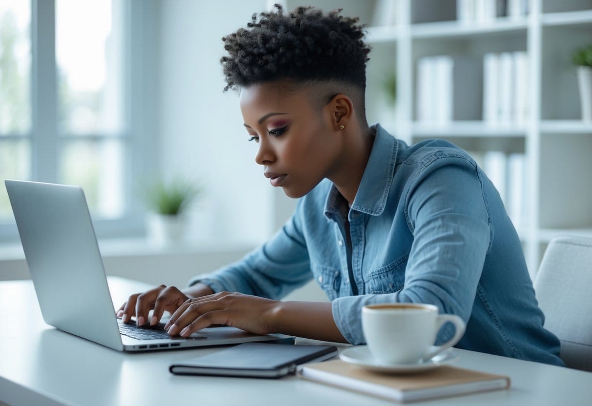 A person working intently at a desk with a laptop, surrounded by a notebook and coffee, in a bright office with natural light.