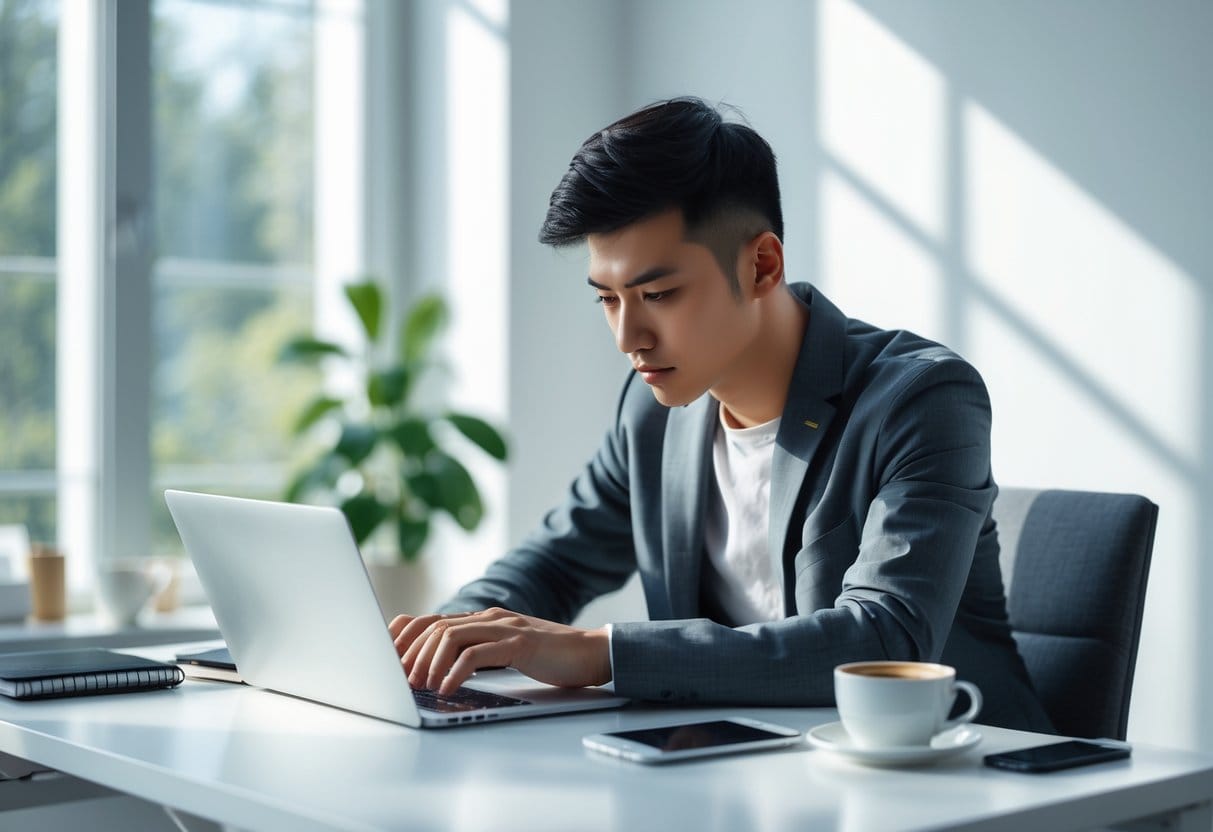 A person working intently at a clean desk with a laptop, notebook, coffee cup, and a plant nearby.