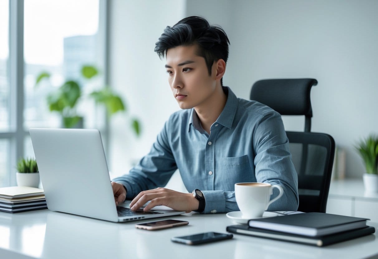 A person working intently at a desk with a laptop, notebooks, and coffee in a bright, tidy office space.