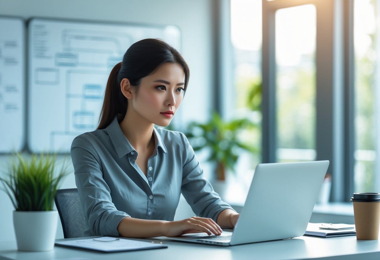 A young woman working intently at a laptop in a bright office with natural light and minimal decor.