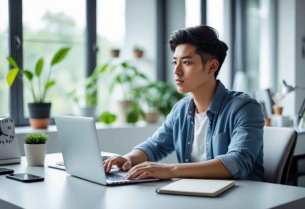 A young adult working focused at a desk in a bright room with plants and natural light.