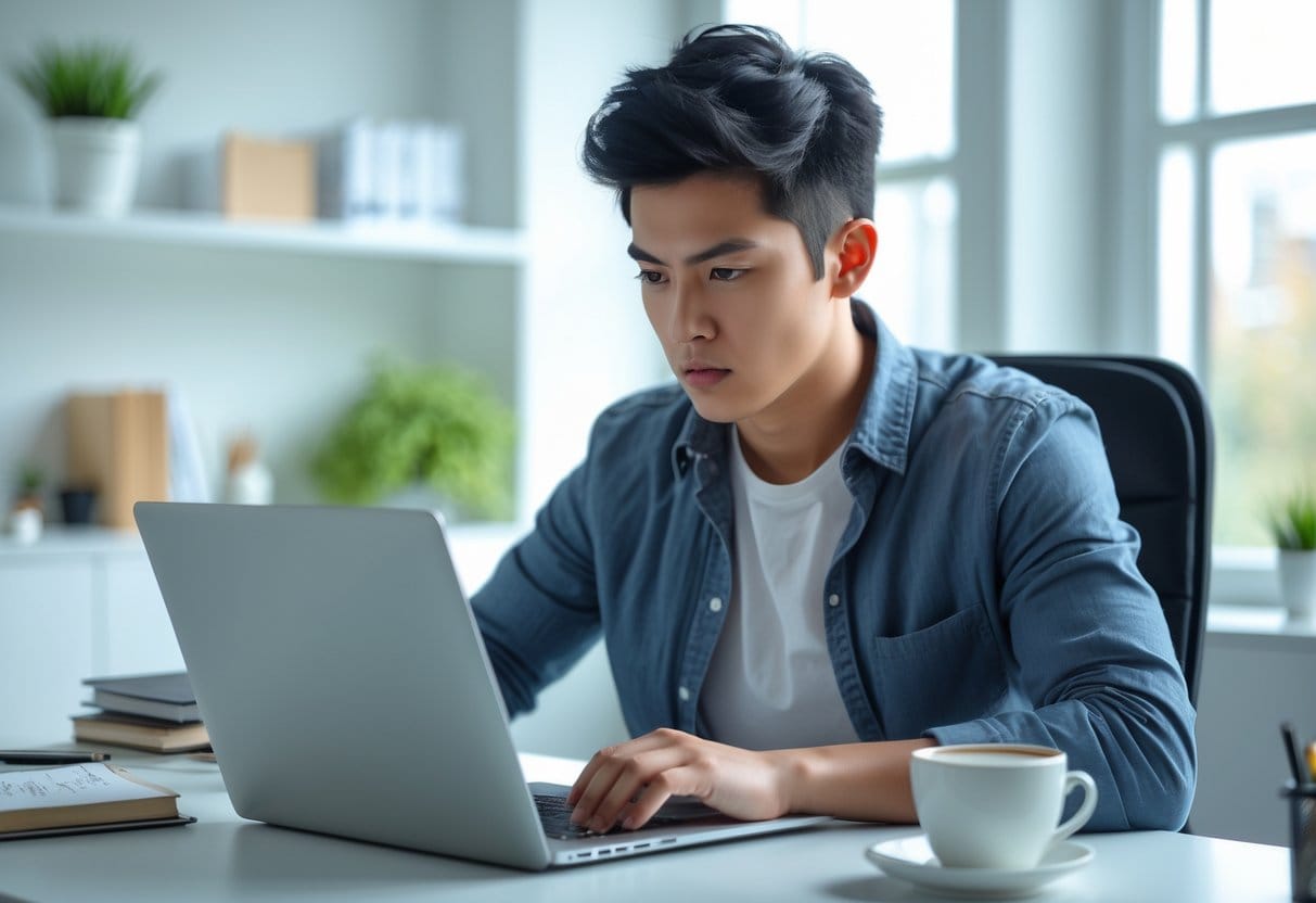 A young adult working focused at a desk with a laptop in a bright office with natural light and plants.