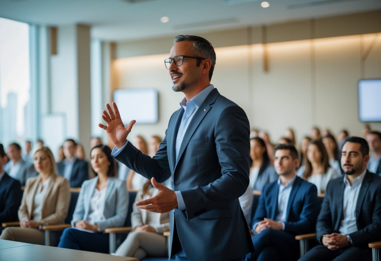 A confident speaker gestures while addressing an attentive audience in a conference room.