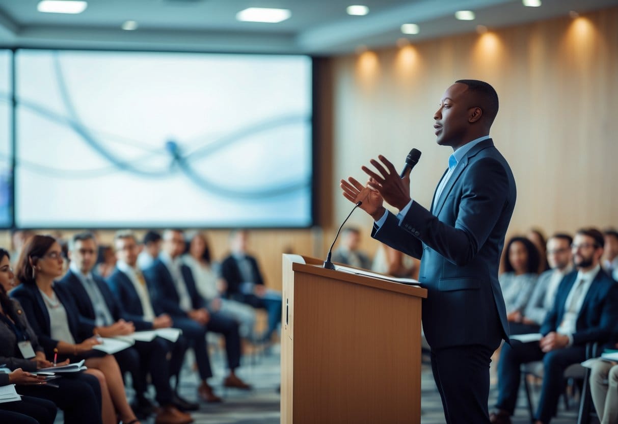 A confident speaker addressing an attentive audience in a conference room.