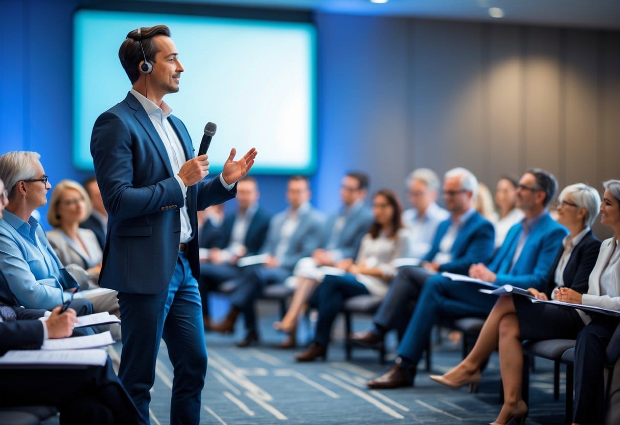 A person speaking on stage to a diverse audience who are attentively listening and taking notes.
