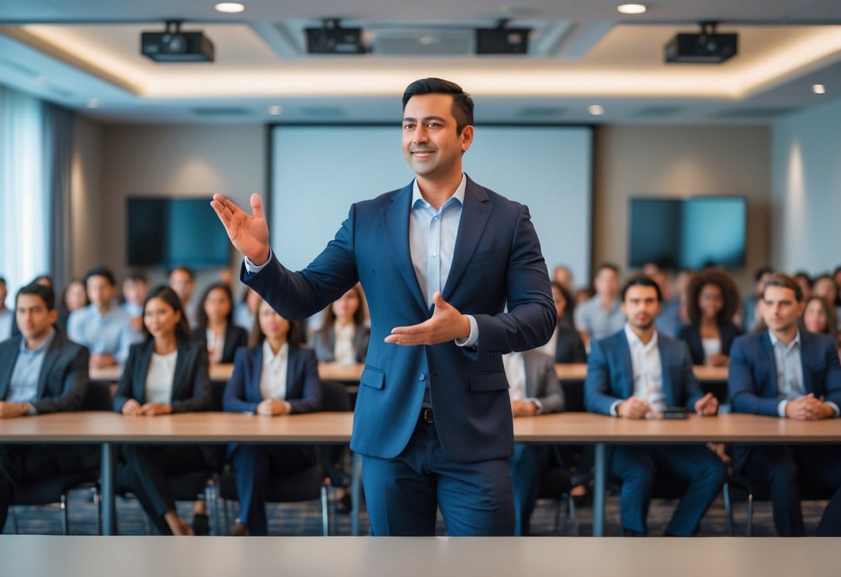 A person speaking confidently on stage to an attentive audience in a conference room.