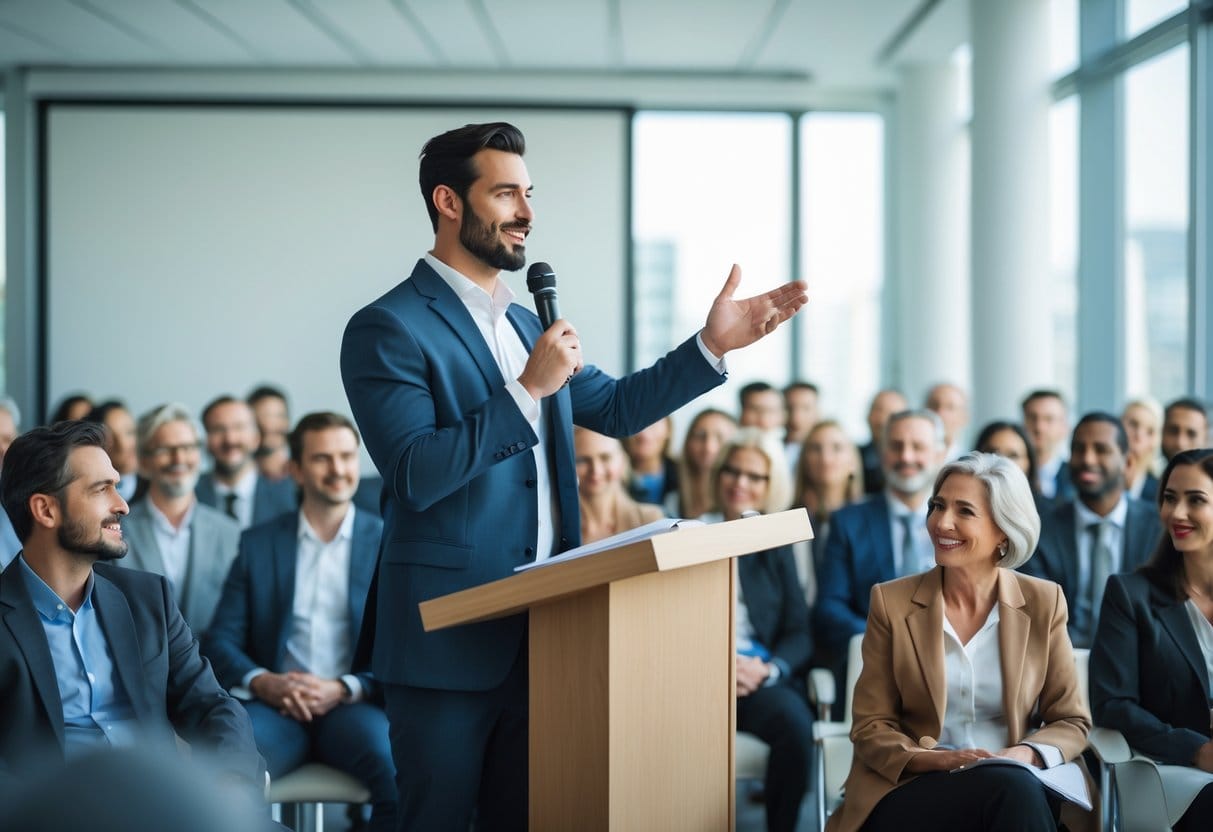 A man speaking confidently at a podium to an attentive audience seated in a bright conference room.