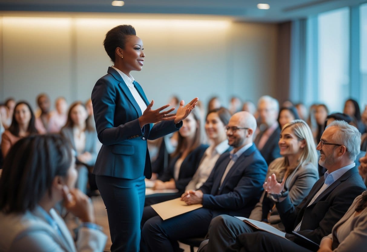 A speaker using hand gestures and eye contact on stage while an attentive audience watches.