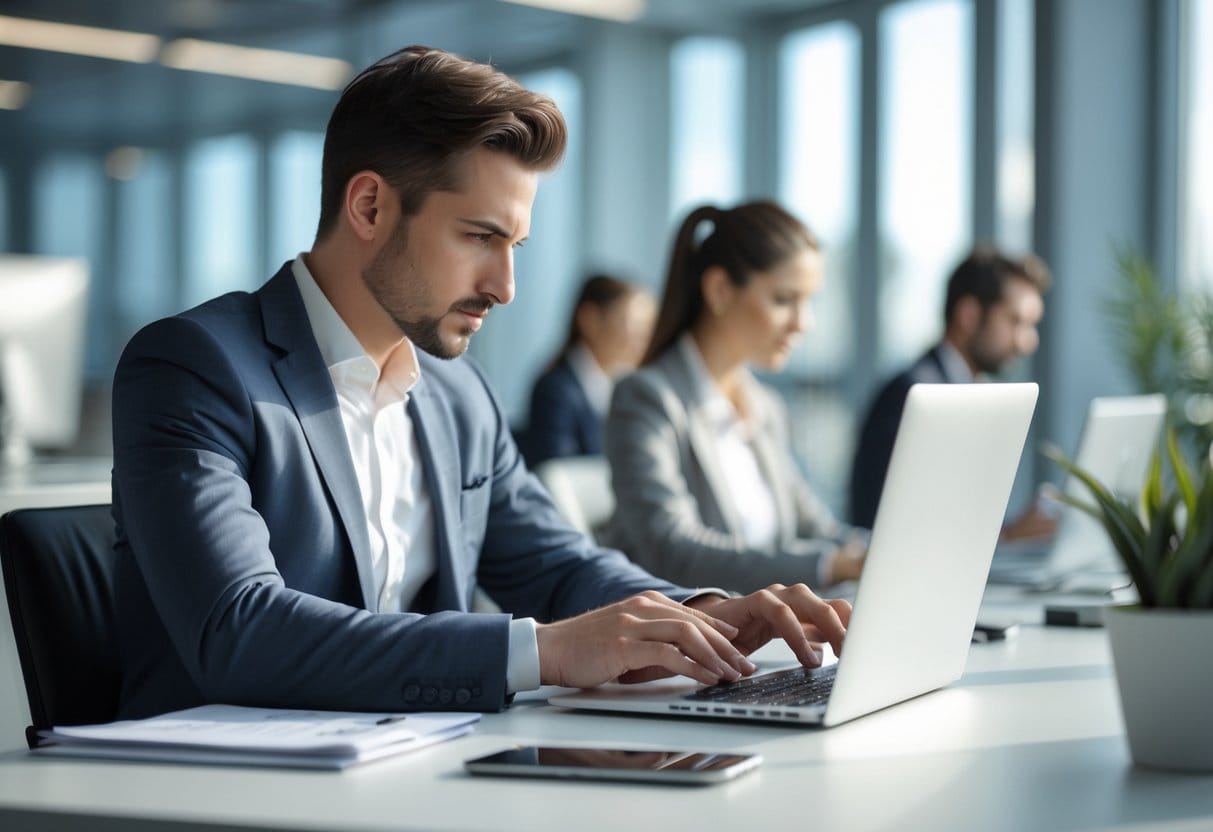 A business professional working intently at a clean desk in an office, focusing on a single task with no distractions around.