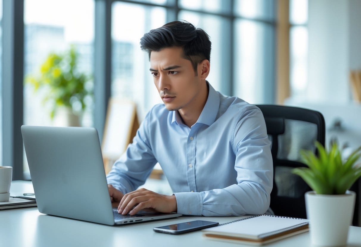 A young professional focused on working at a clean desk in a bright office with a laptop and notebook.