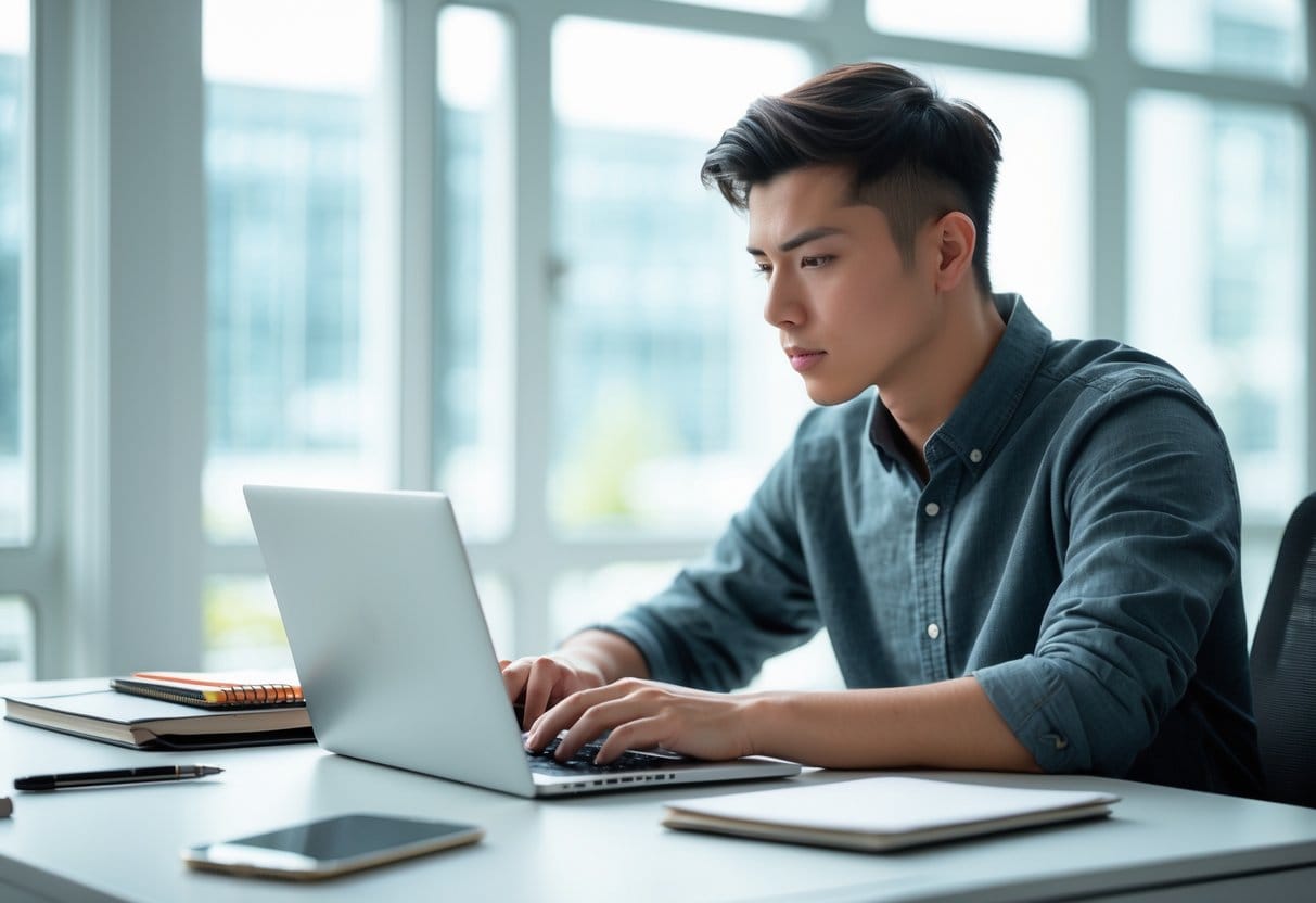 A young adult working intently on a laptop at a clean desk in a bright office with natural light.