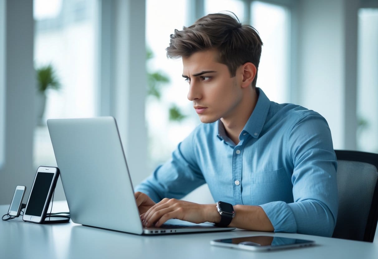A focused young professional working at a desk with a laptop, surrounded by turned-off digital devices in a bright office.