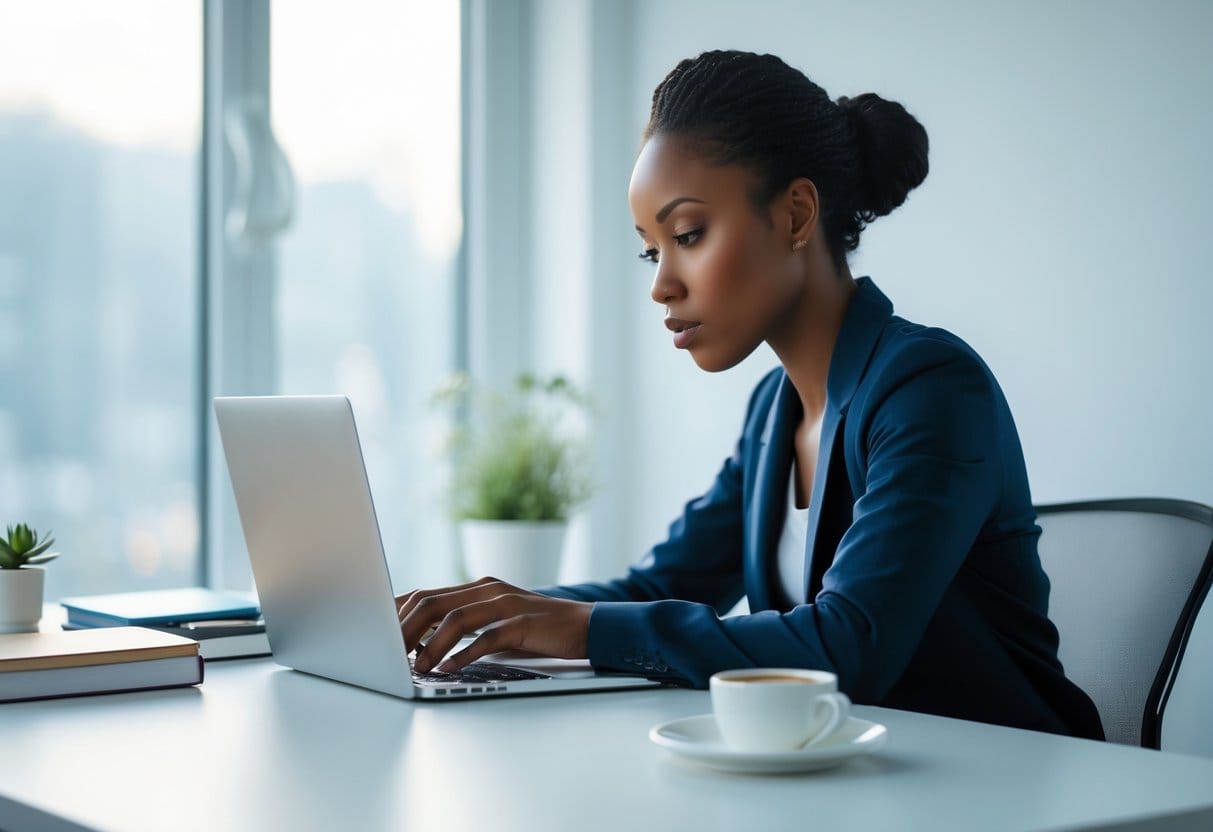 A person working focused at a clean desk with a laptop, surrounded by minimal distractions in a bright office.