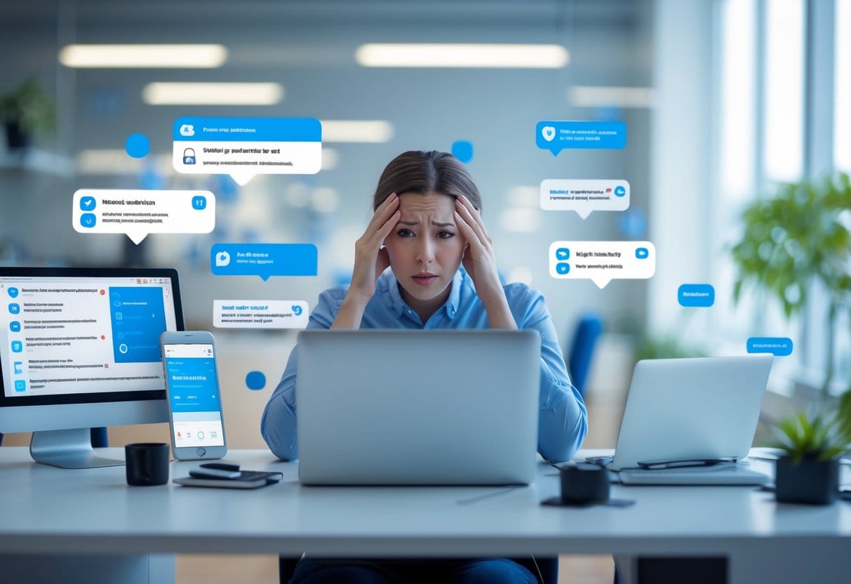 A person at a desk surrounded by multiple digital devices showing notifications, looking overwhelmed and distracted while trying to work on a computer.