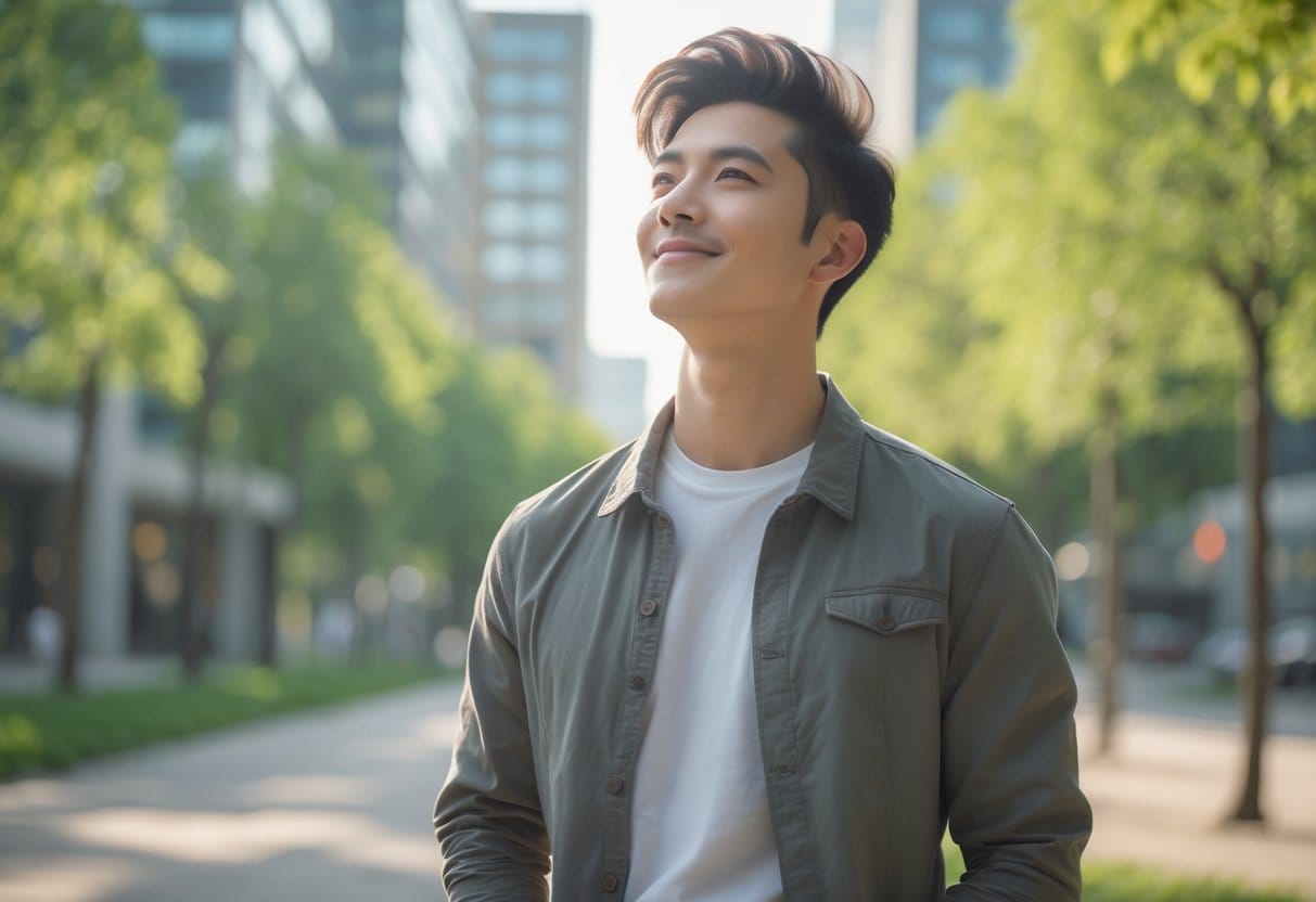 A confident young adult standing outdoors in a sunlit park with trees and buildings in the background, smiling gently and looking upward.