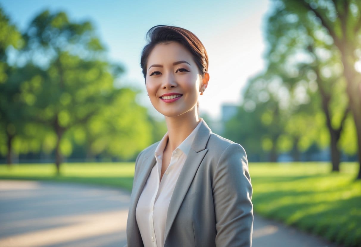 A confident person standing outdoors in a sunlit park with green trees and a clear sky, smiling calmly.