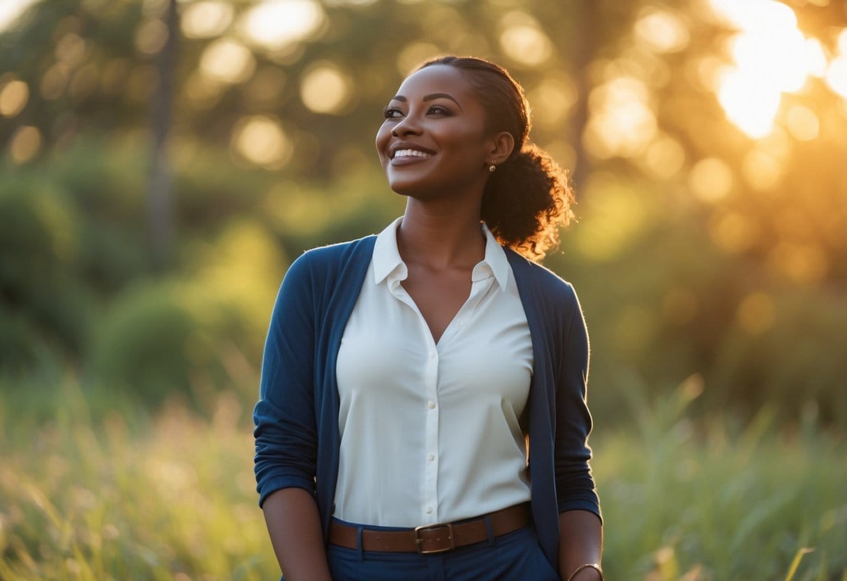 A confident person standing outdoors in sunlight with a serene and empowered expression.
