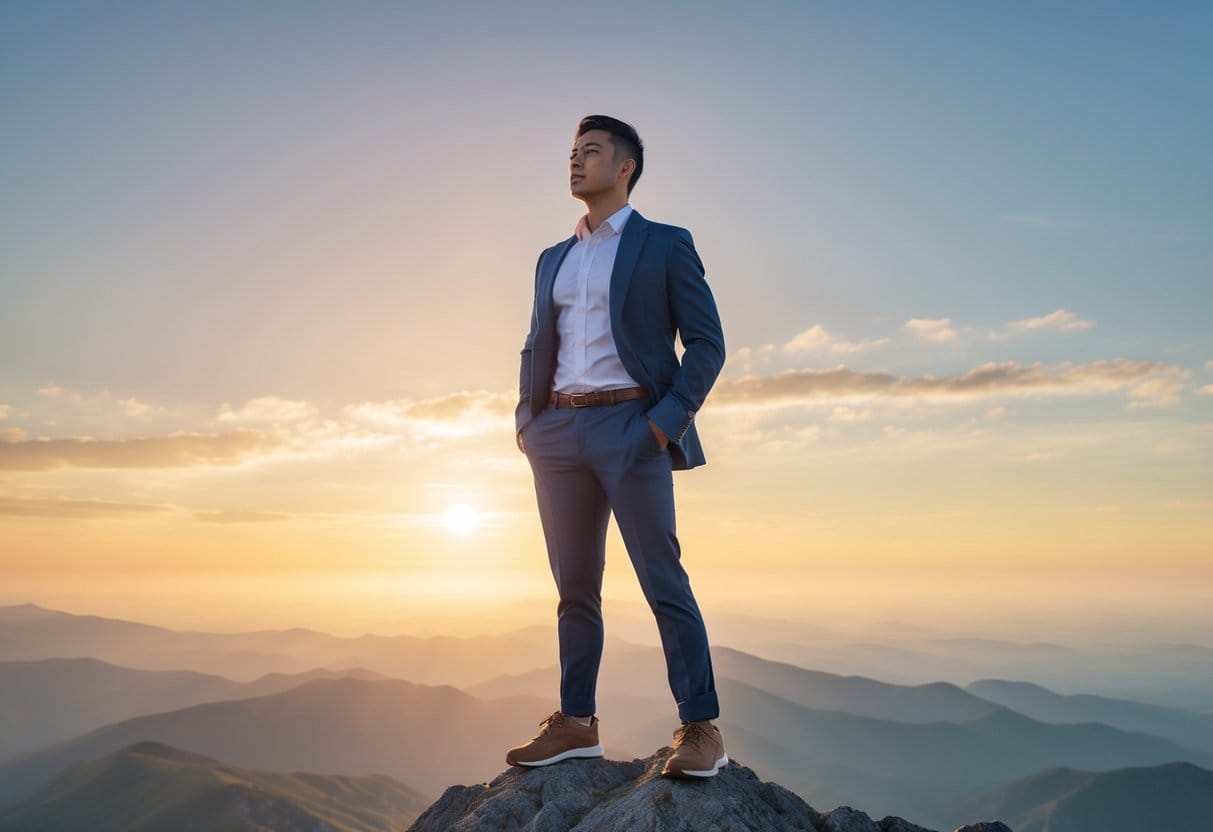 A confident person standing on a mountain peak at sunrise, looking toward the horizon with a determined expression.