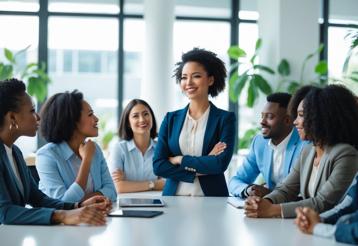 A confident woman stands with crossed arms while colleagues listen and smile in a bright office setting.