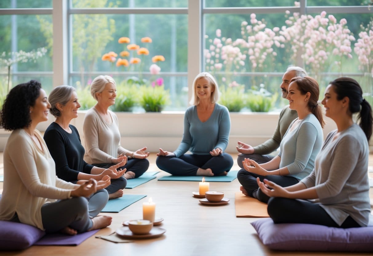 A group of adults sitting in a circle in a bright room, smiling and practicing mindfulness together.