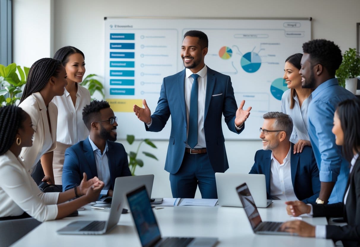 A business leader engaging with a diverse team in a modern office during a meeting.