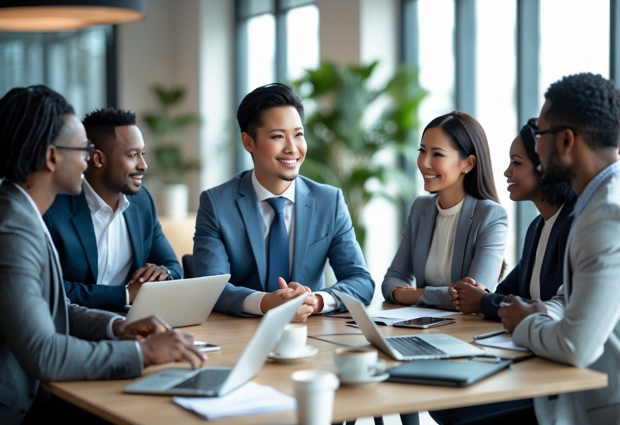 A group of business professionals having a collaborative meeting in a modern office, with one person speaking while others listen attentively.
