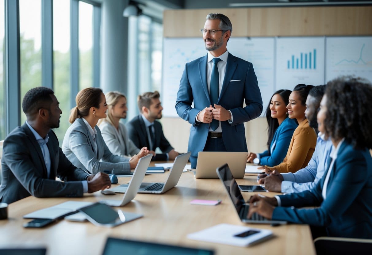 A business leader standing and speaking to a group of colleagues seated around a conference table in a bright office.