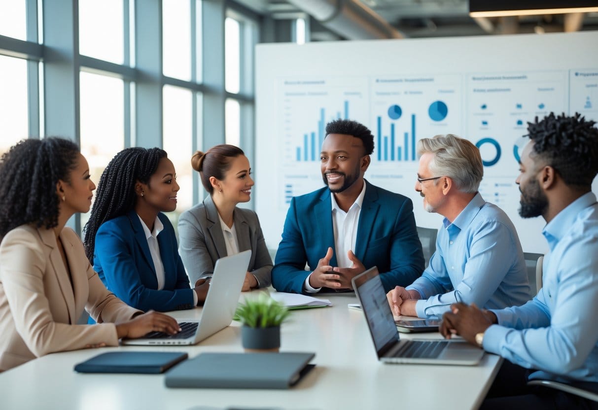 A diverse group of business professionals attentively listening to a confident leader speaking in a bright modern office.